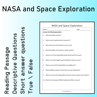 NASA and Space Exploration | Reading Comprehension Passage Printable Worksheet