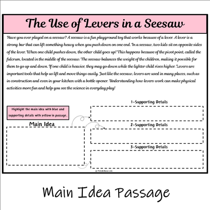 The Use of Levers in a Seesaw | Main Idea and Supporting Details Reading Passage and Questions