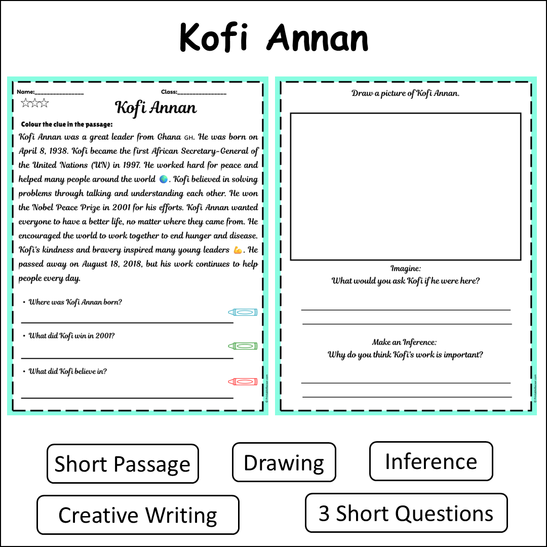 Kofi Annan | Short Reading Comprehension Creative Worksheet