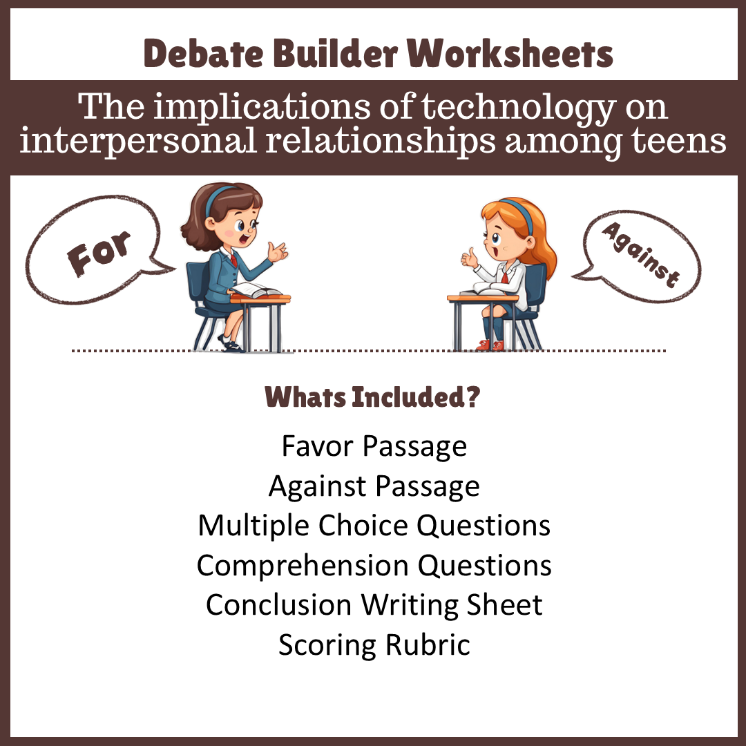 The implications of technology on interpersonal relationships among teens | Favour and Against Worksheet Printable Activity