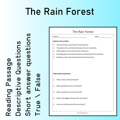 The Rain Forest | Reading Comprehension Passage Printable Worksheet