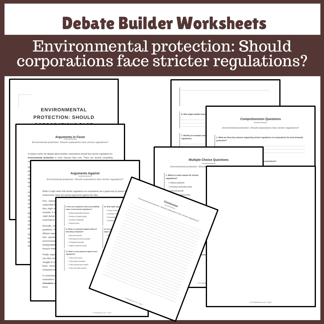 Environmental protection: Should corporations face stricter regulations? | Favour and Against Worksheet Printable Activity