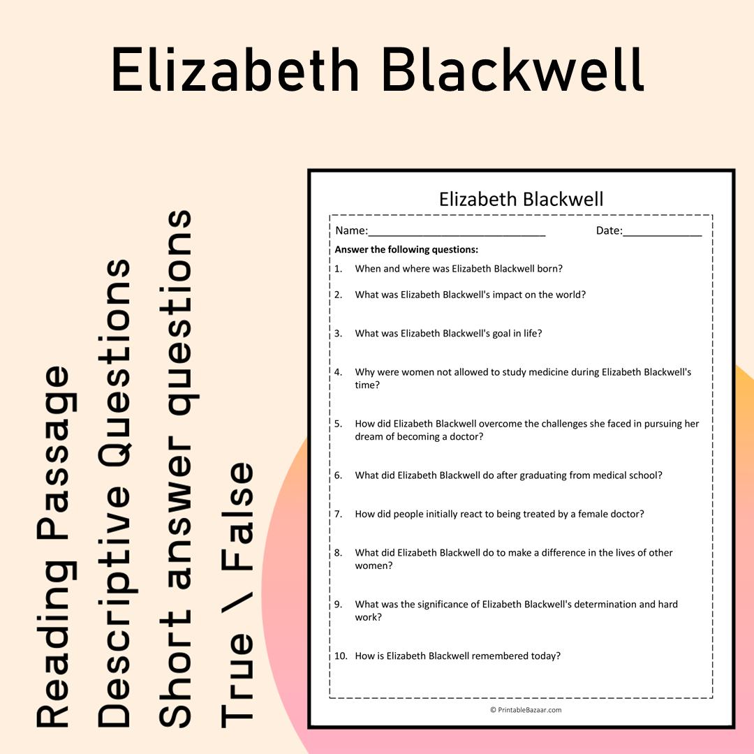 Elizabeth Blackwell | Reading Comprehension Passage Printable Activity