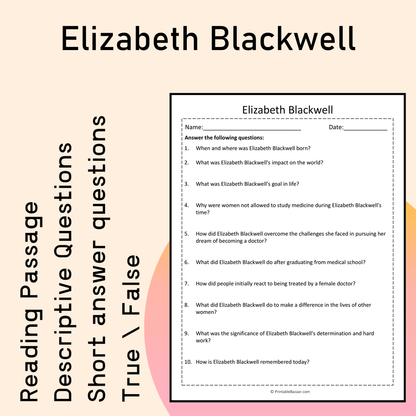 Elizabeth Blackwell | Reading Comprehension Passage Printable Activity