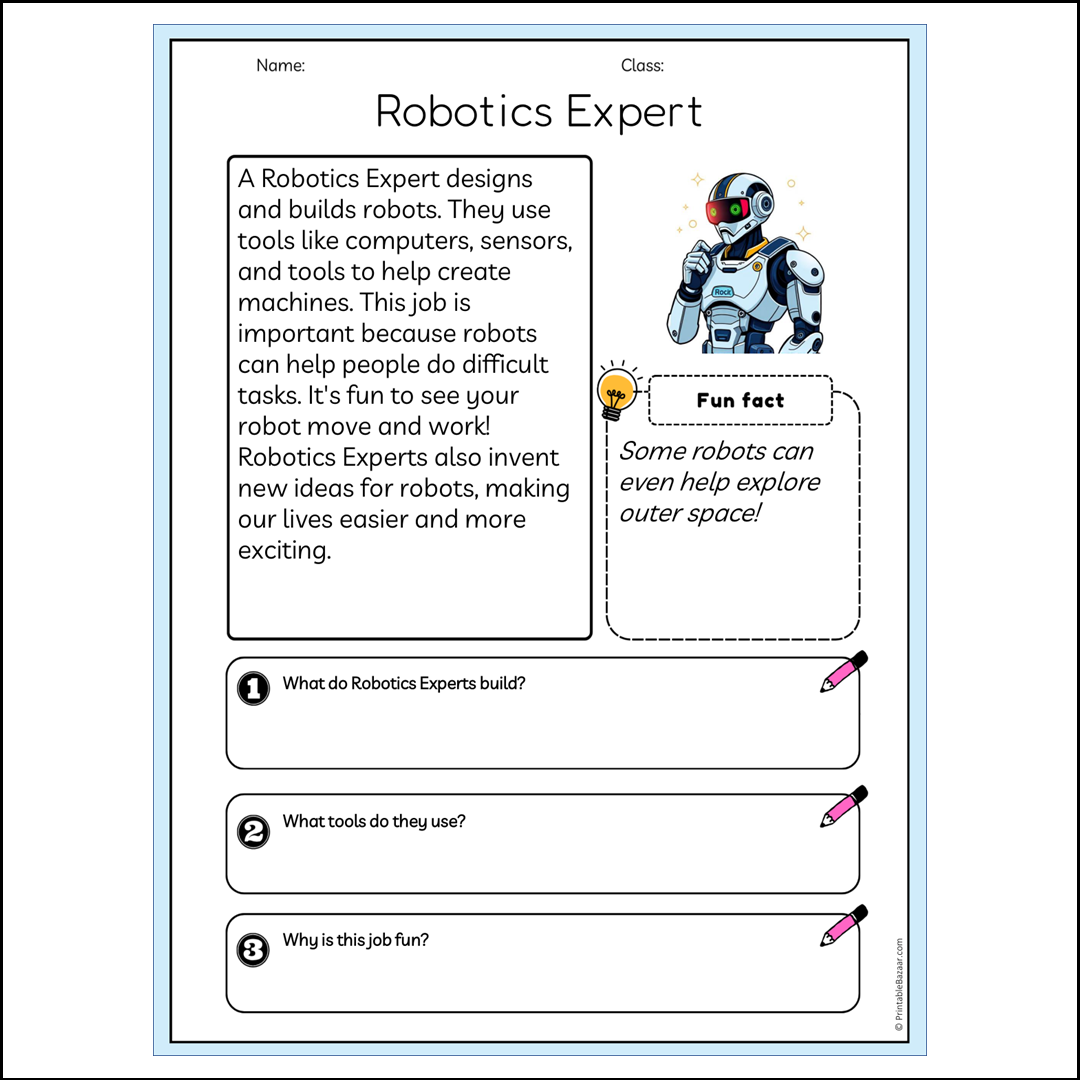 Robotics Expert | Reading Passage Comprehension Questions Writing Facts Worksheet