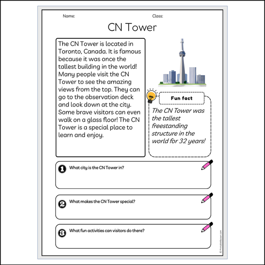 CN Tower | Reading Passage Comprehension Questions Writing Facts Worksheet