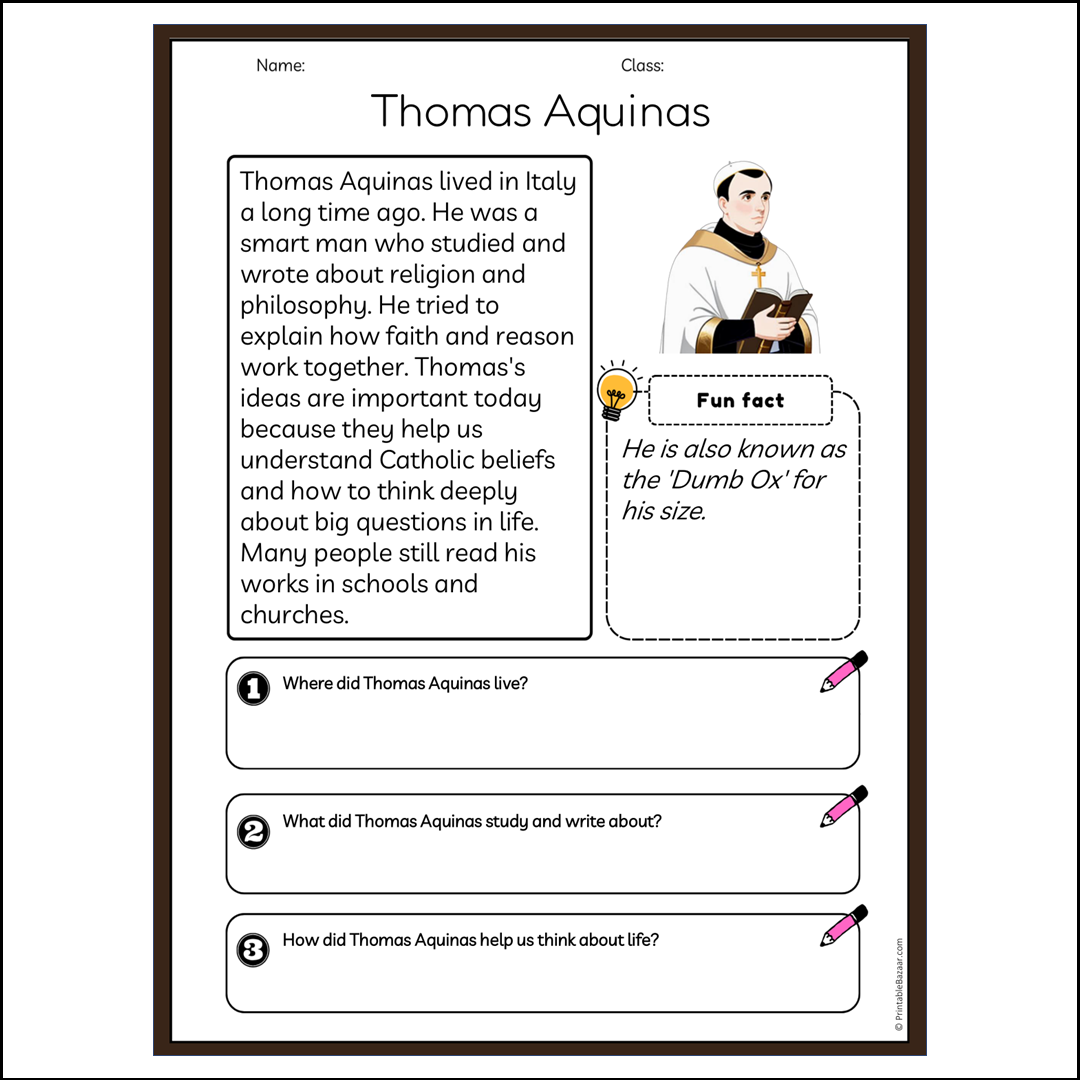 Thomas Aquinas | Reading Passage Comprehension Questions Writing Facts Worksheet