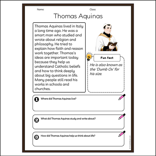 Thomas Aquinas | Reading Passage Comprehension Questions Writing Facts Worksheet