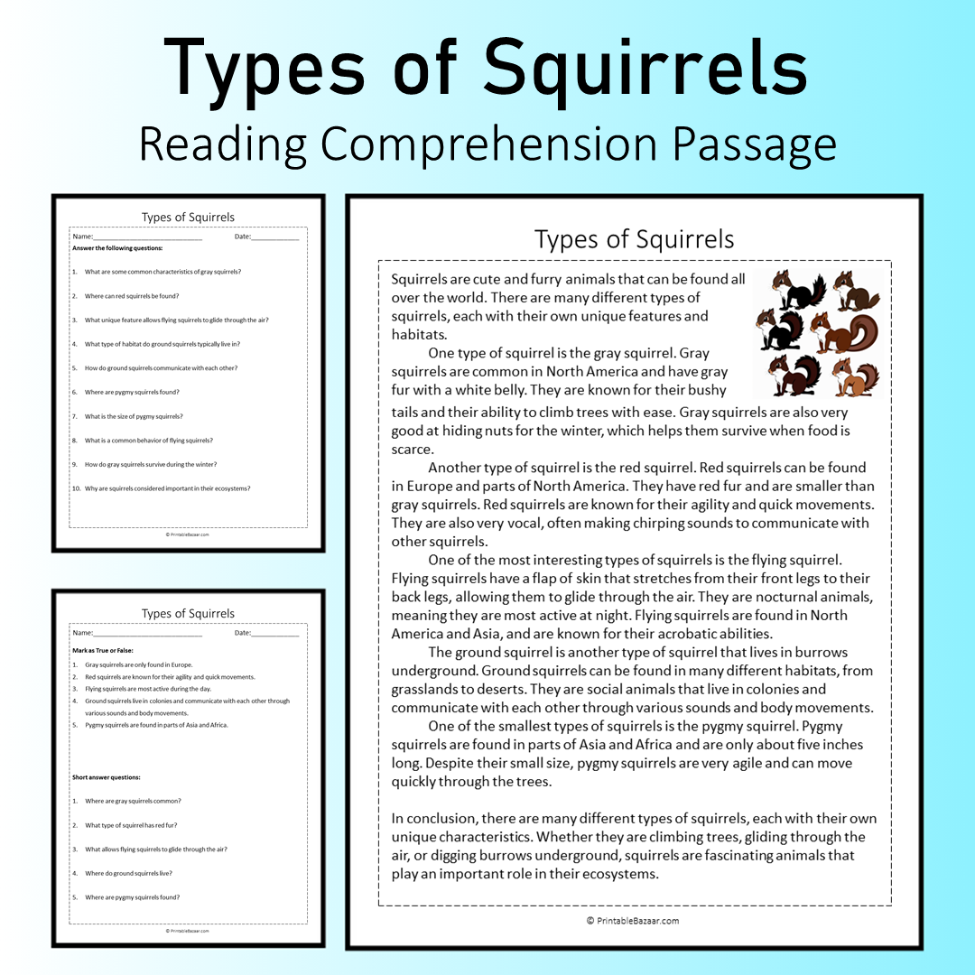 Types of Squirrels | Reading Comprehension Passage Printable Worksheet