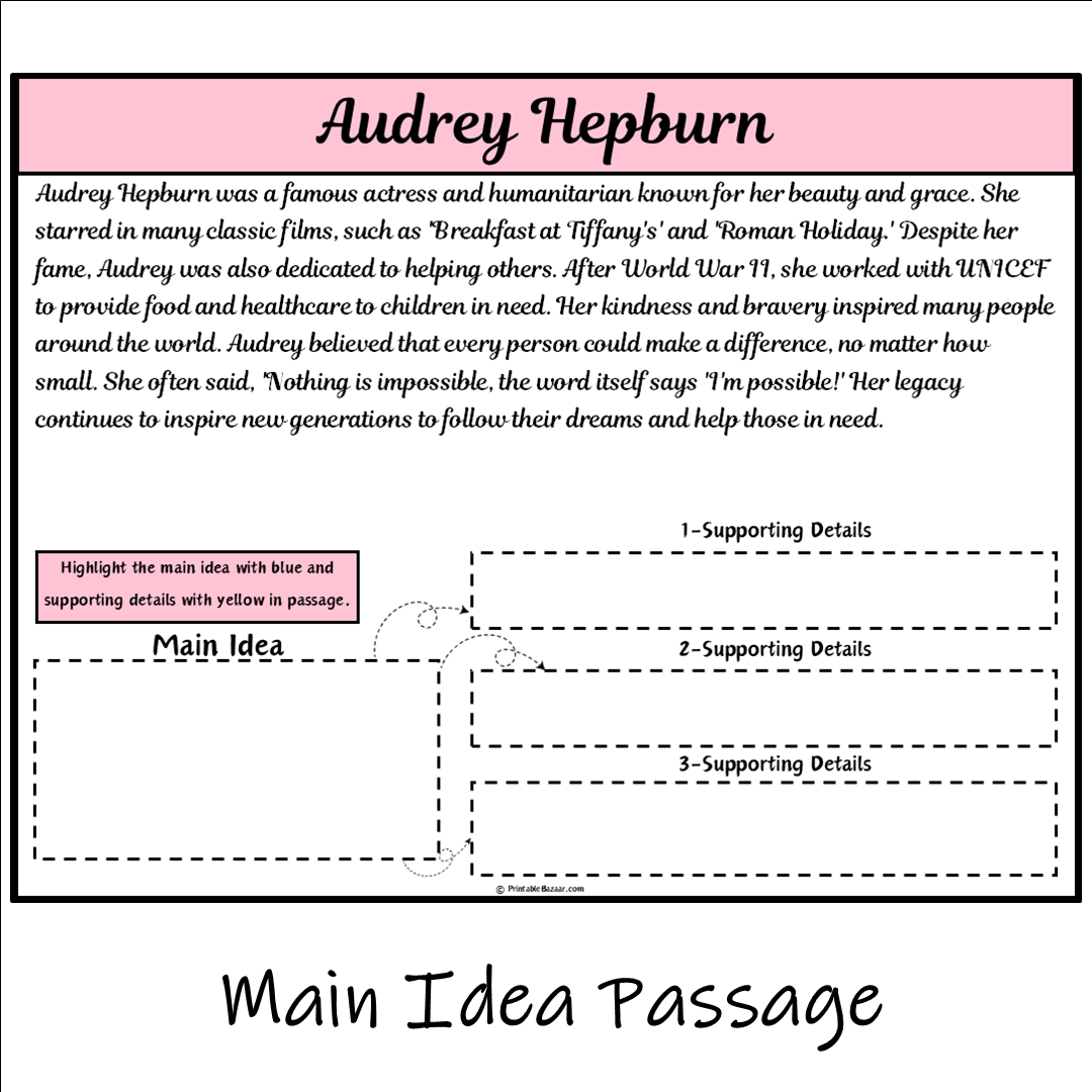 Audrey Hepburn | Main Idea and Supporting Details Reading Passage and Questions