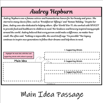 Audrey Hepburn | Main Idea and Supporting Details Reading Passage and Questions