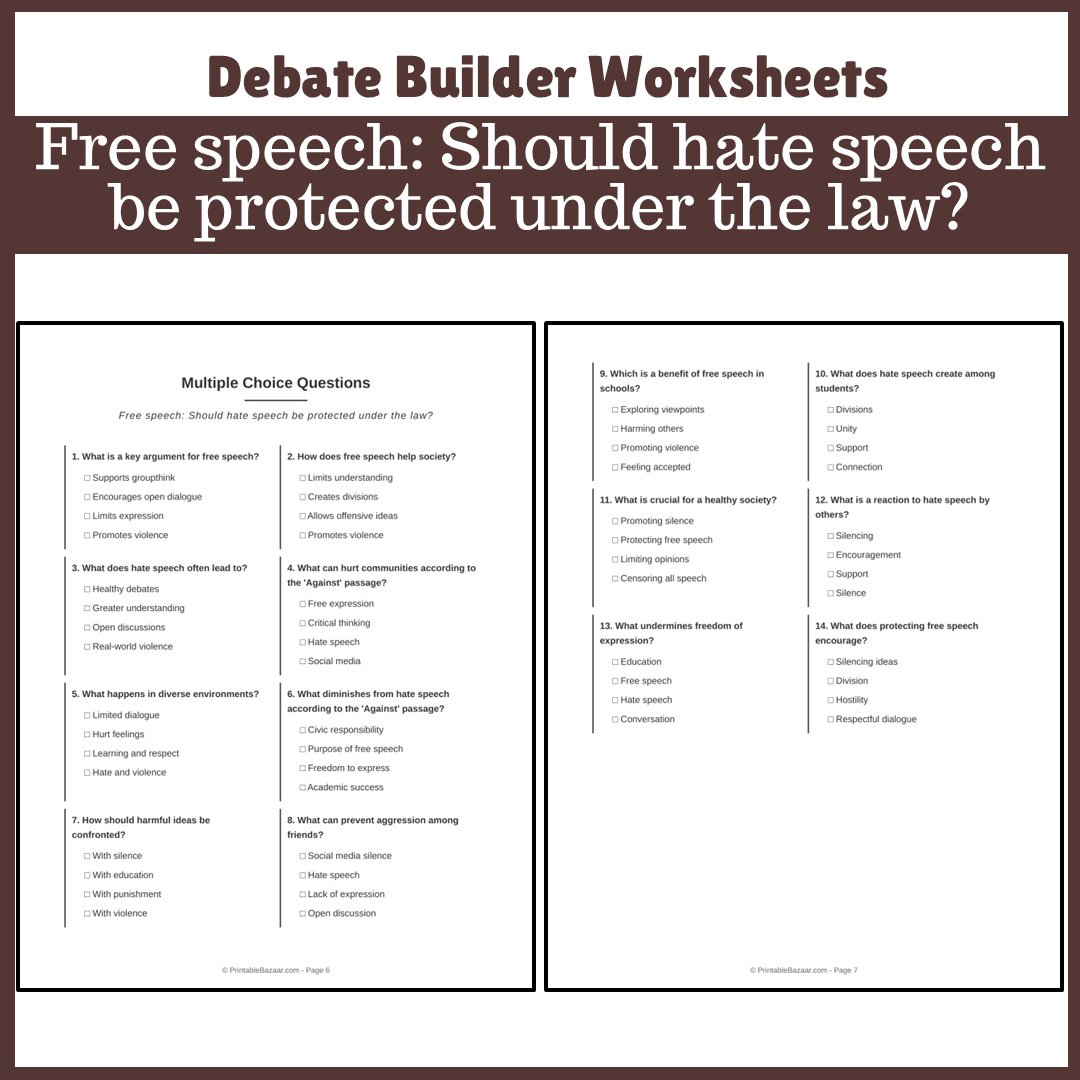 Free speech: Should hate speech be protected under the law? | Favour and Against Worksheet Printable Activity