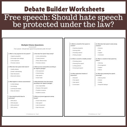 Free speech: Should hate speech be protected under the law? | Favour and Against Worksheet Printable Activity