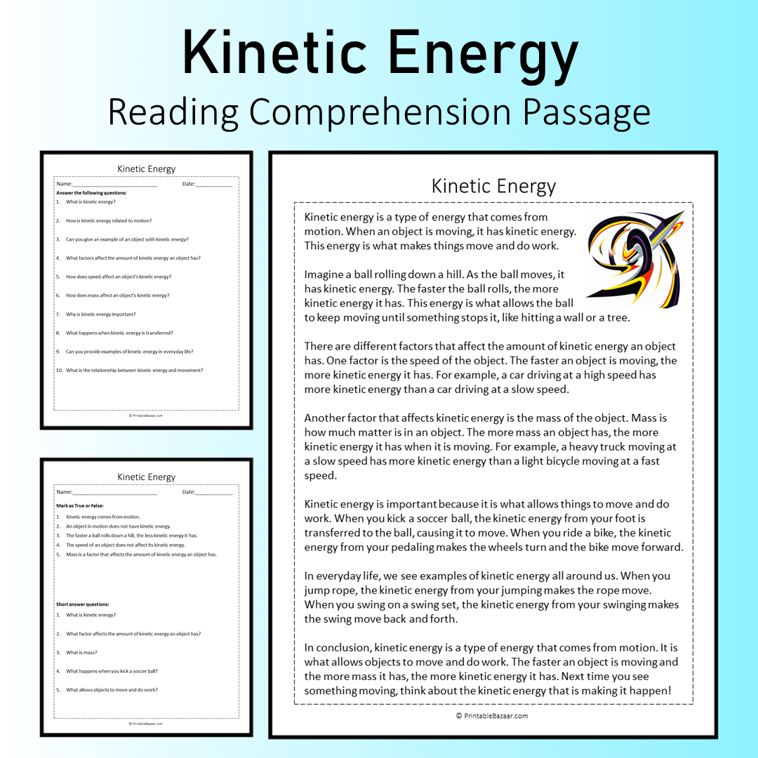 Kinetic Energy | Reading Comprehension Passage Printable Worksheet