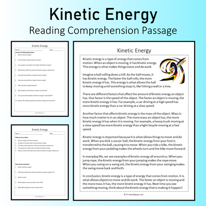 Kinetic Energy | Reading Comprehension Passage Printable Worksheet