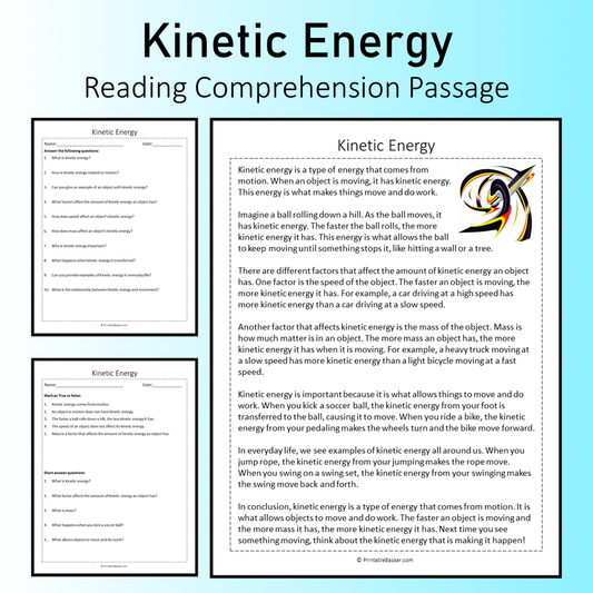 Kinetic Energy | Reading Comprehension Passage Printable Worksheet