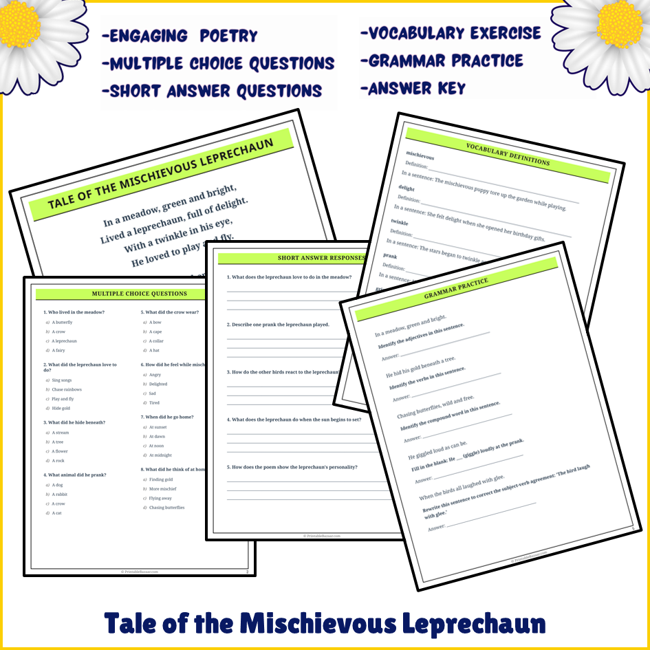 Tale of the Mischievous Leprechaun | Poem Grammar Worksheet Printable Activity