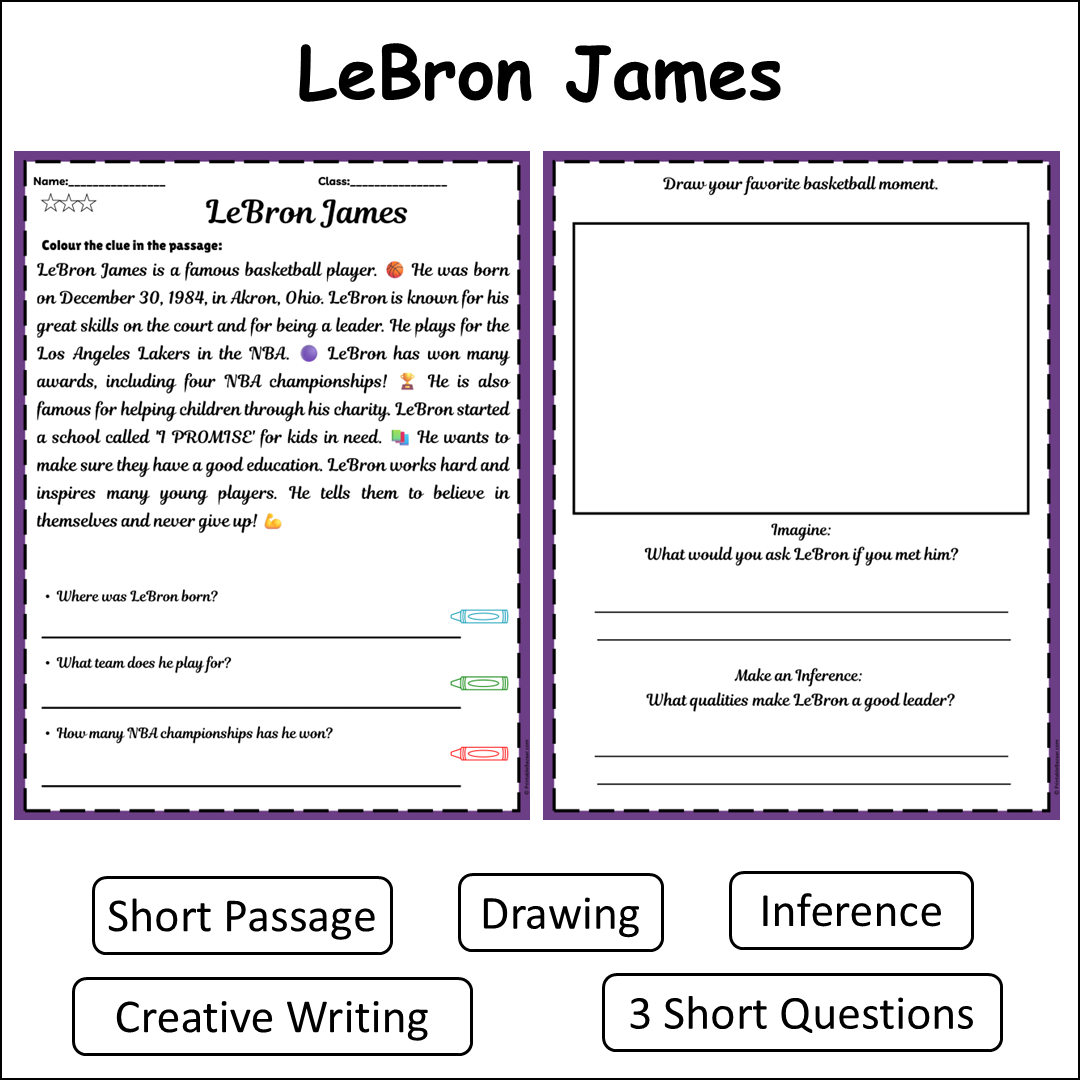 LeBron James | Short Reading Comprehension Creative Worksheet