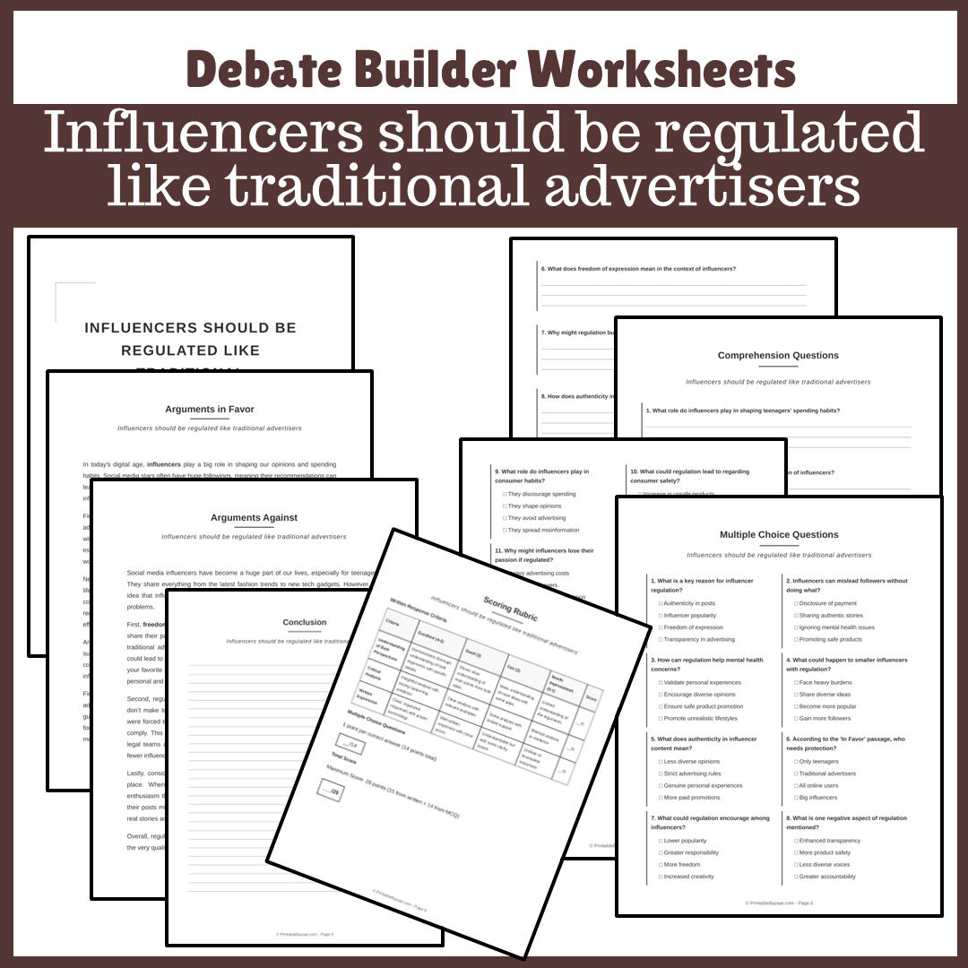 Influencers should be regulated like traditional advertisers | Favour and Against Worksheet Printable Activity