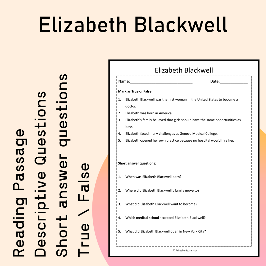Elizabeth Blackwell | Reading Comprehension Passage Printable Activity