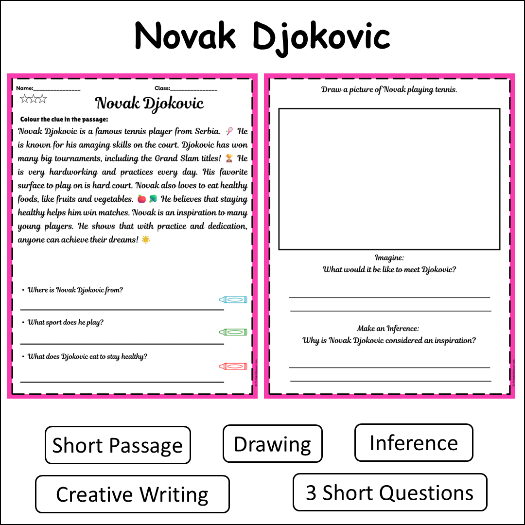Novak Djokovic | Short Reading Comprehension Creative Worksheet