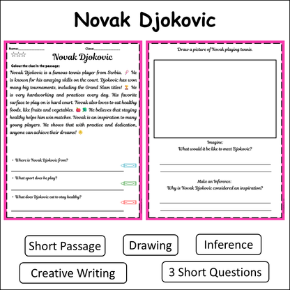 Novak Djokovic | Short Reading Comprehension Creative Worksheet