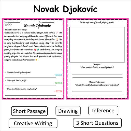 Novak Djokovic | Short Reading Comprehension Creative Worksheet