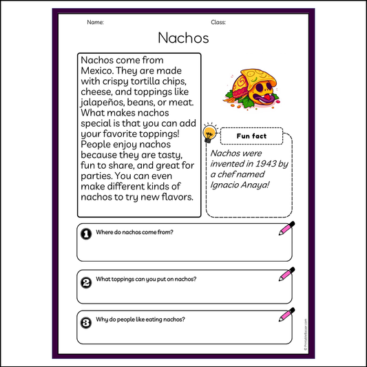 Nachos | Reading Passage Comprehension Questions Writing Facts Worksheet