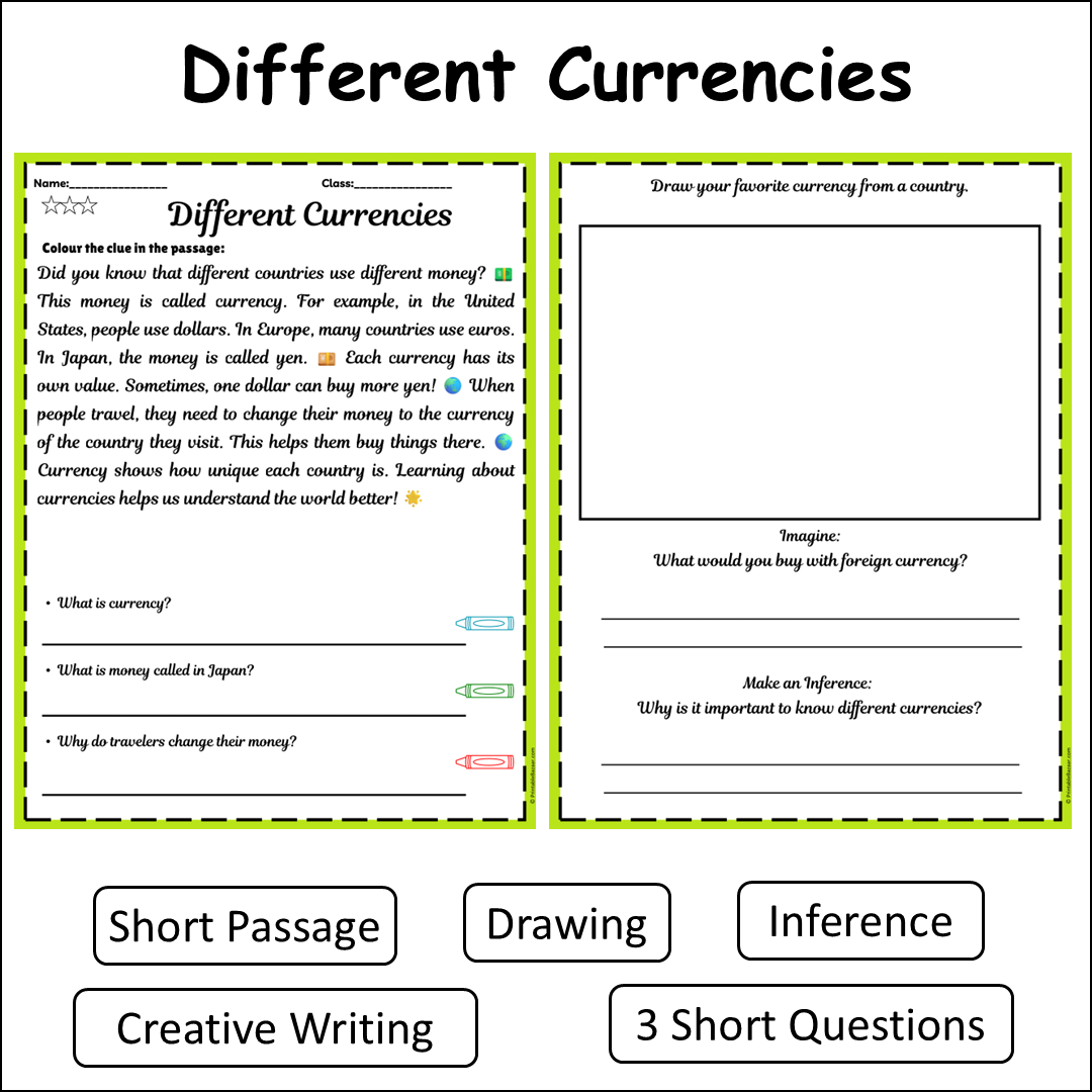 Different Currencies | Short Reading Comprehension Creative Worksheet
