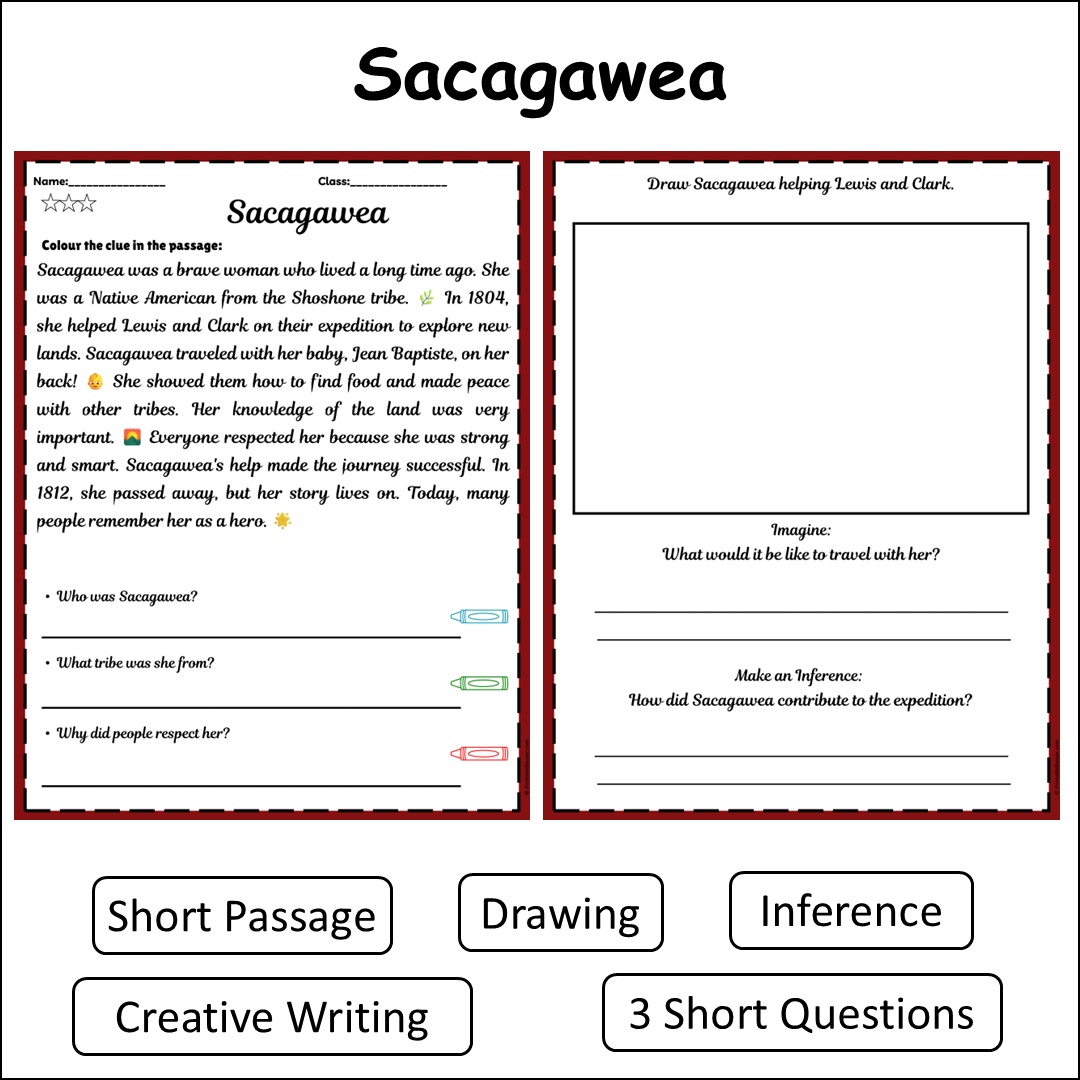 Sacagawea | Short Reading Comprehension Creative Worksheet