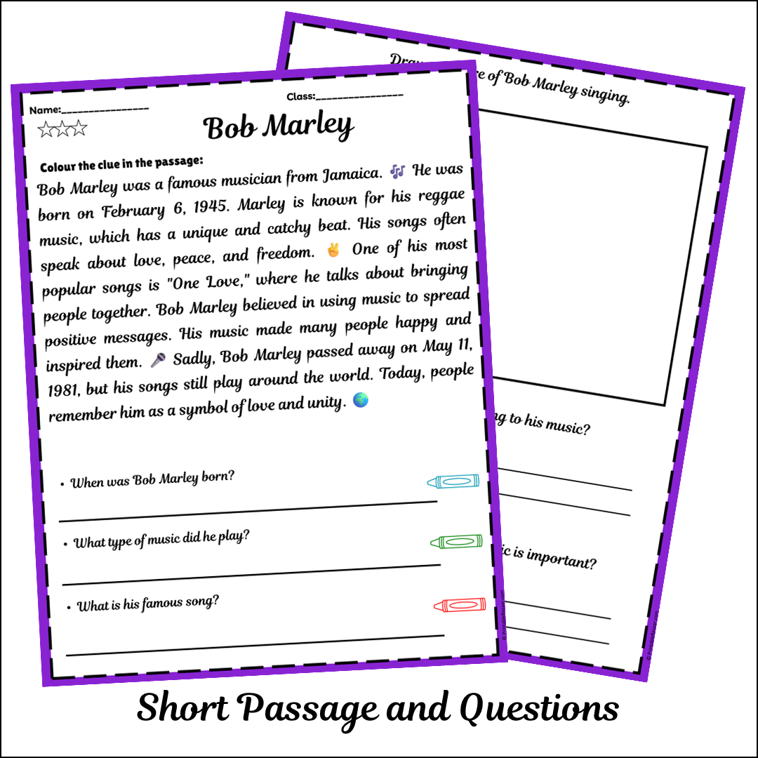 Bob Marley | Short Reading Comprehension Creative Worksheet
