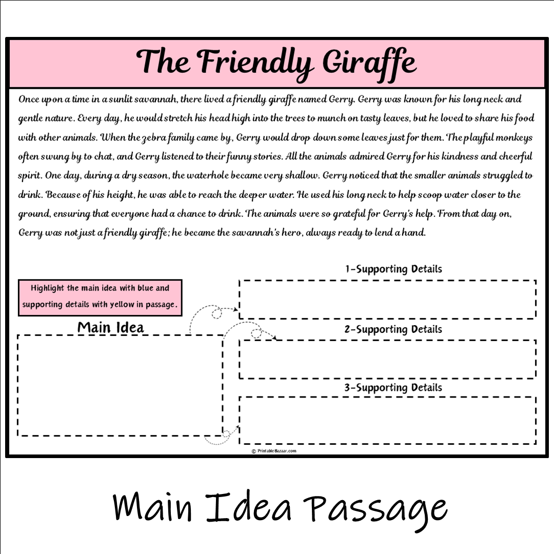 The Friendly Giraffe | Main Idea and Supporting Details Reading Passage and Questions