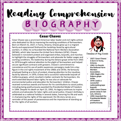 Cesar Chavez | Biography Reading Comprehension and Questions Worksheet