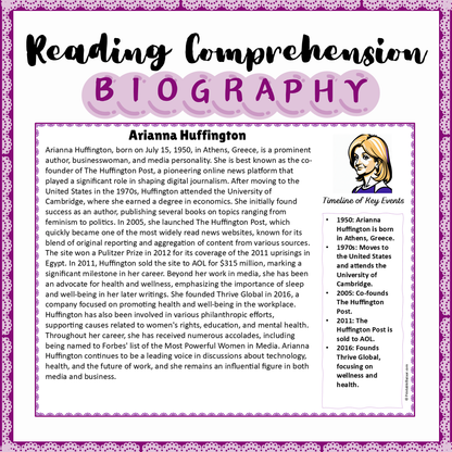 Arianna Huffington | Biography Reading Comprehension and Questions Worksheet