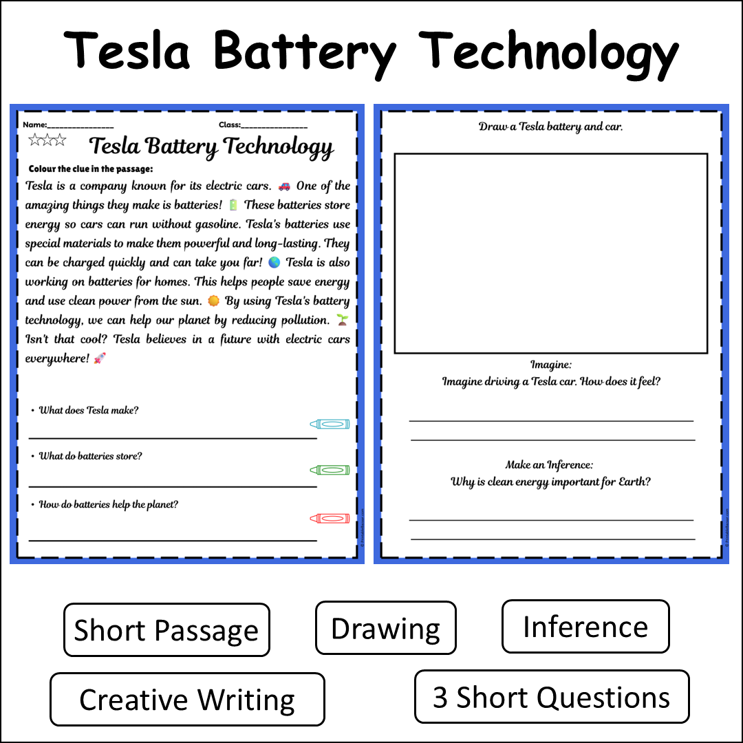 Tesla Battery Technology | Short Reading Comprehension Creative Worksheet