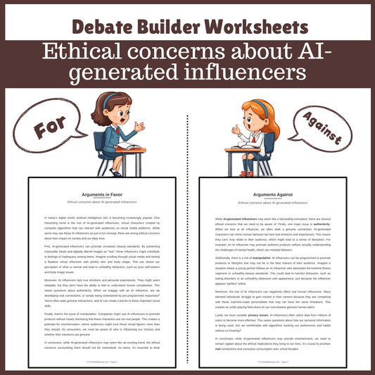 Ethical concerns about AI-generated influencers | Favour and Against Worksheet Printable Activity