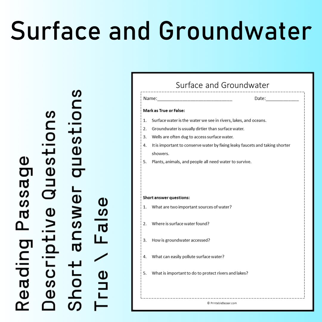 Surface and Groundwater | Reading Comprehension Passage Printable Worksheet