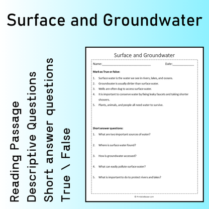 Surface and Groundwater | Reading Comprehension Passage Printable Worksheet