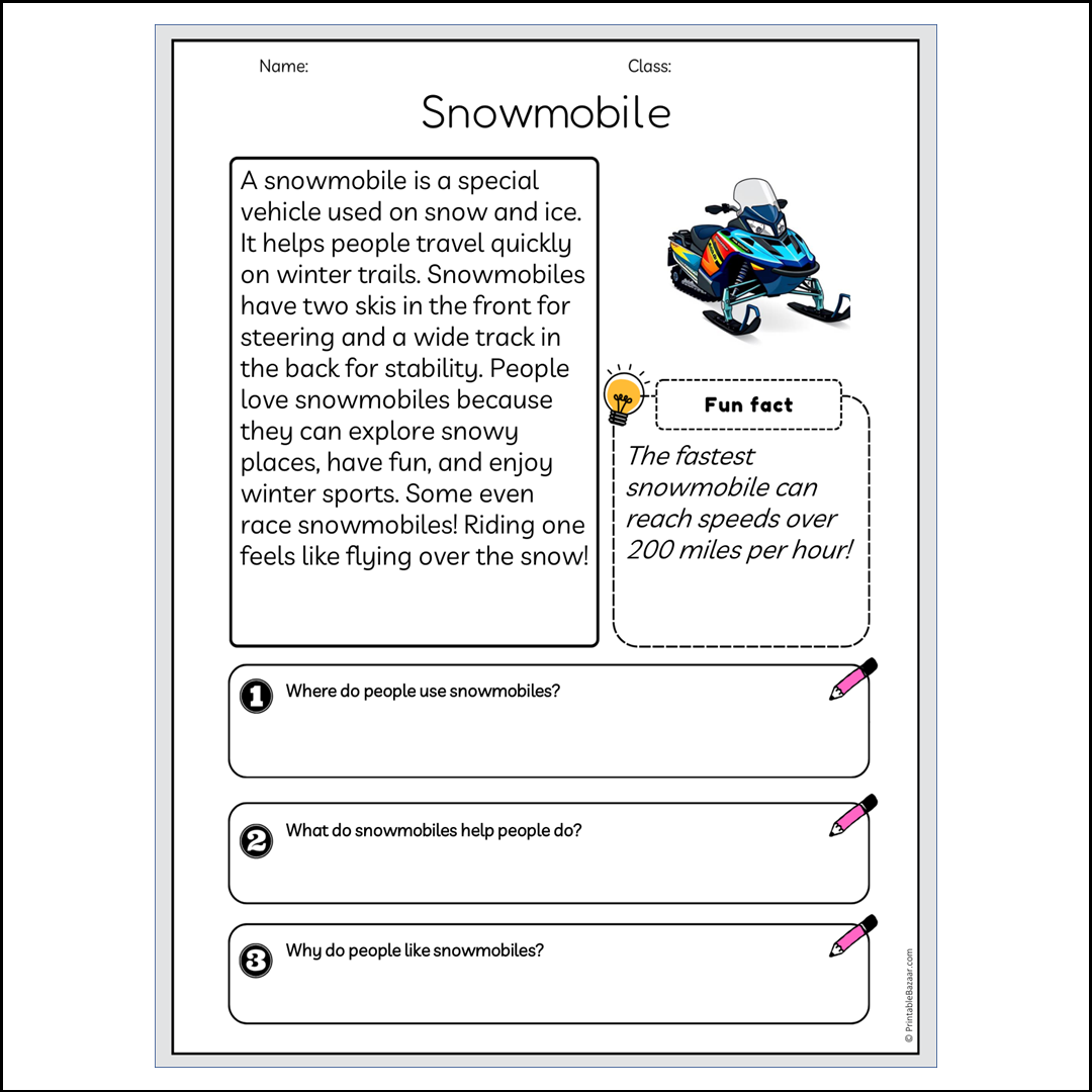 Snowmobile | Reading Passage Comprehension Questions Writing Facts Worksheet