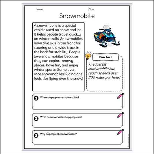 Snowmobile | Reading Passage Comprehension Questions Writing Facts Worksheet