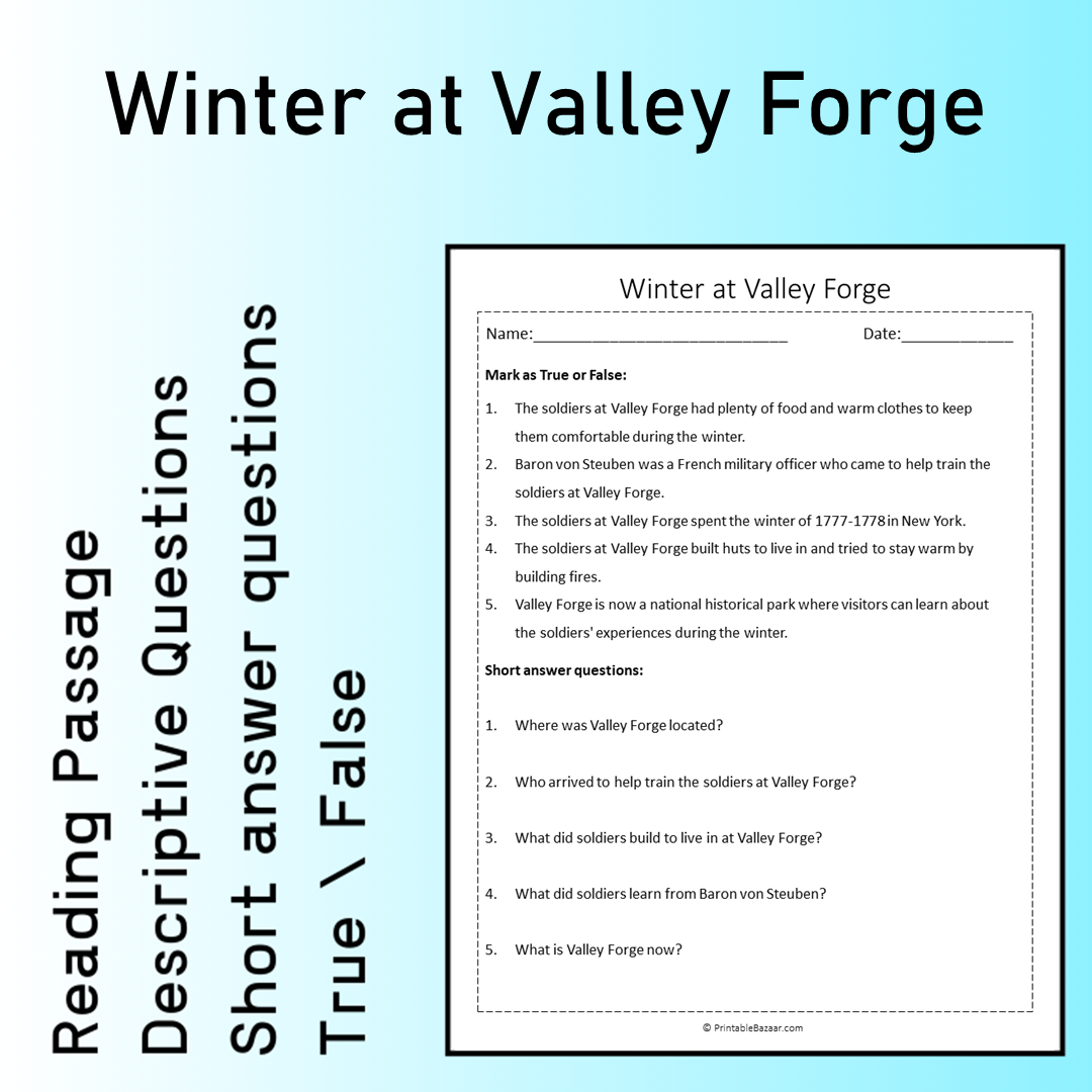 Winter at Valley Forge | Reading Comprehension Passage Printable Worksheet