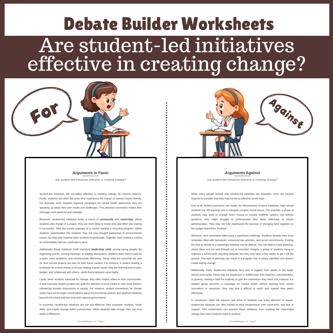 Are student-led initiatives effective in creating change? | Favour and Against Worksheet Printable Activity