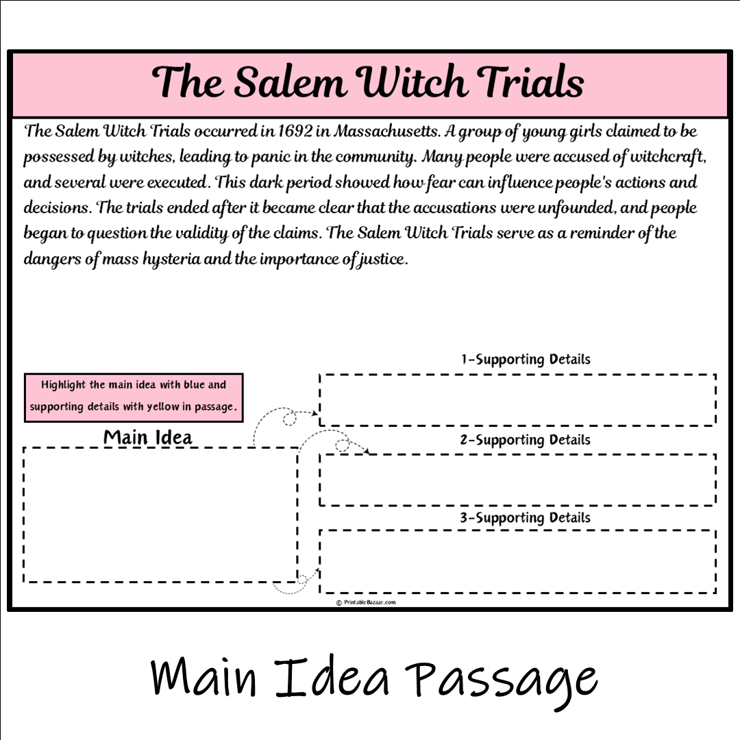 The Salem Witch Trials | Main Idea and Supporting Details Reading Passage and Questions