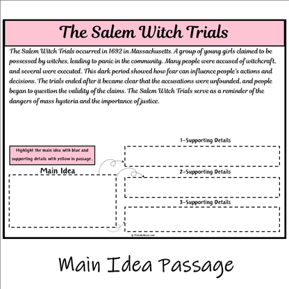 The Salem Witch Trials | Main Idea and Supporting Details Reading Passage and Questions