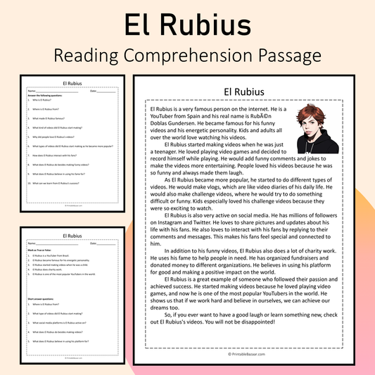 El Rubius | Reading Comprehension Passage Printable Activity