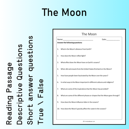 The Moon | Reading Comprehension Passage Printable Worksheet