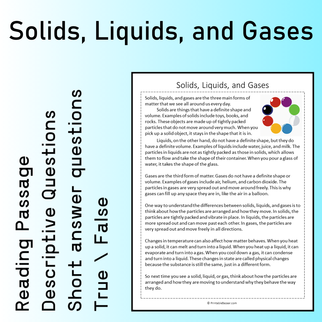 Solids, Liquids, and Gases | Reading Comprehension Passage Printable Worksheet
