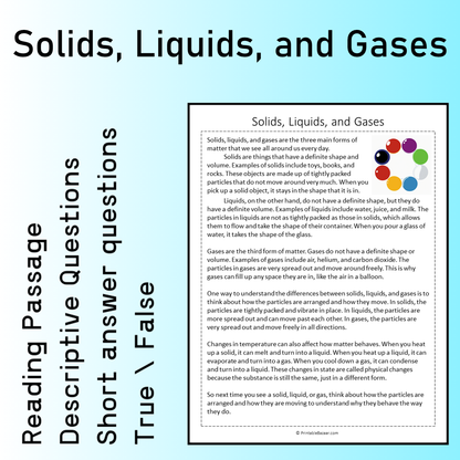 Solids, Liquids, and Gases | Reading Comprehension Passage Printable Worksheet