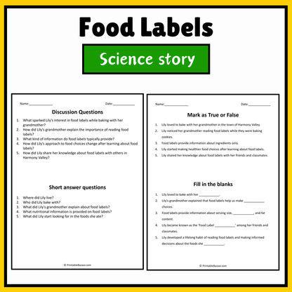 Food Labels | Science Story Reading Comprehension Activity