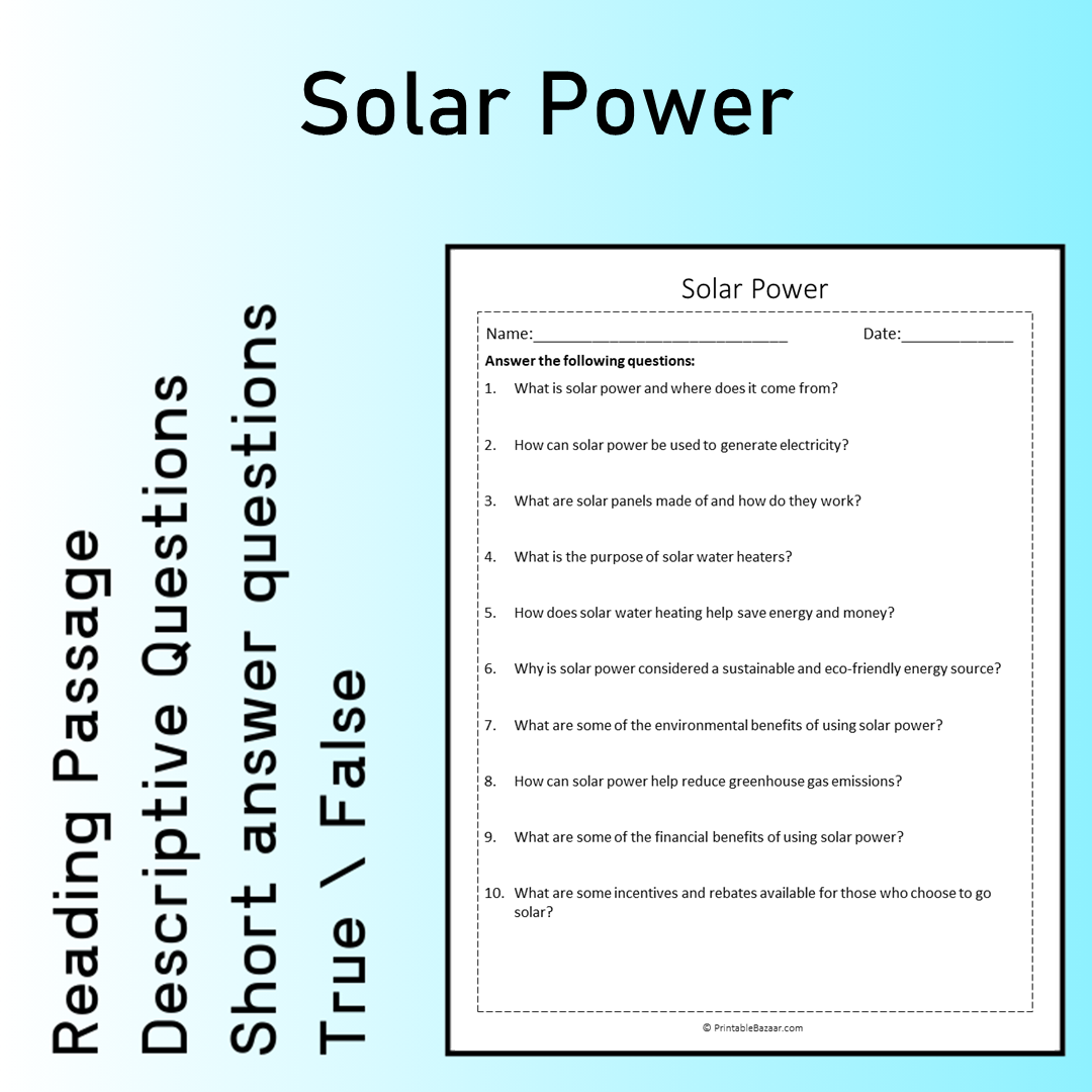 Solar Power | Reading Comprehension Passage Printable Worksheet